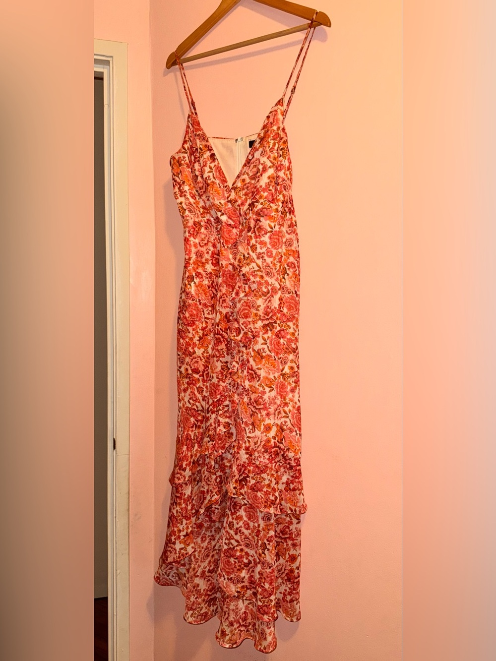 Lulu's Coral Floral Midi Dress with V-Neck